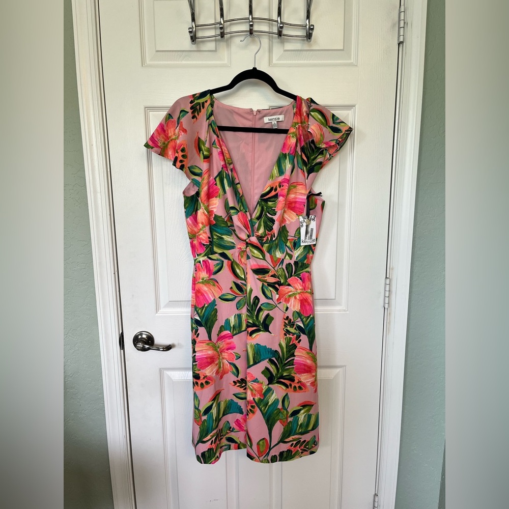 Kensie Pink and Green Sheath Midi Dress with Flutter Sleeves